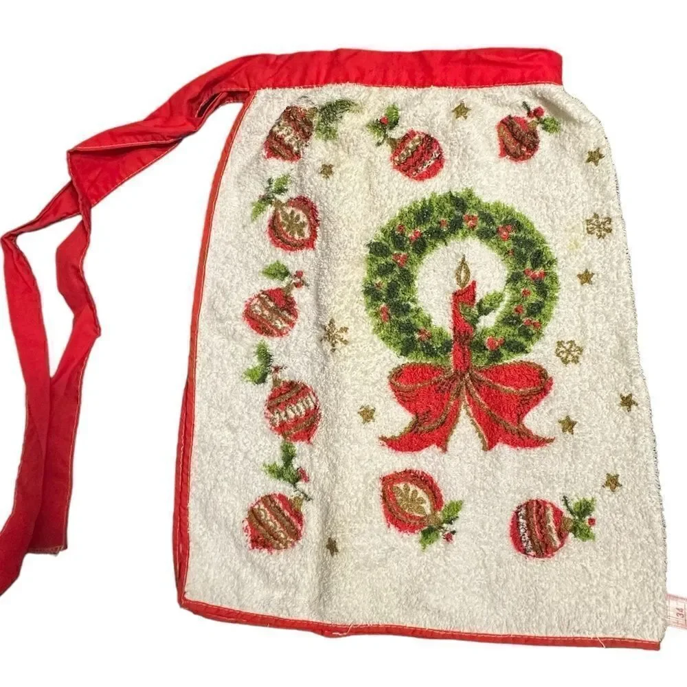 Vintage Mid Century Hostess Apron - Holiday Wreath design terry cloth